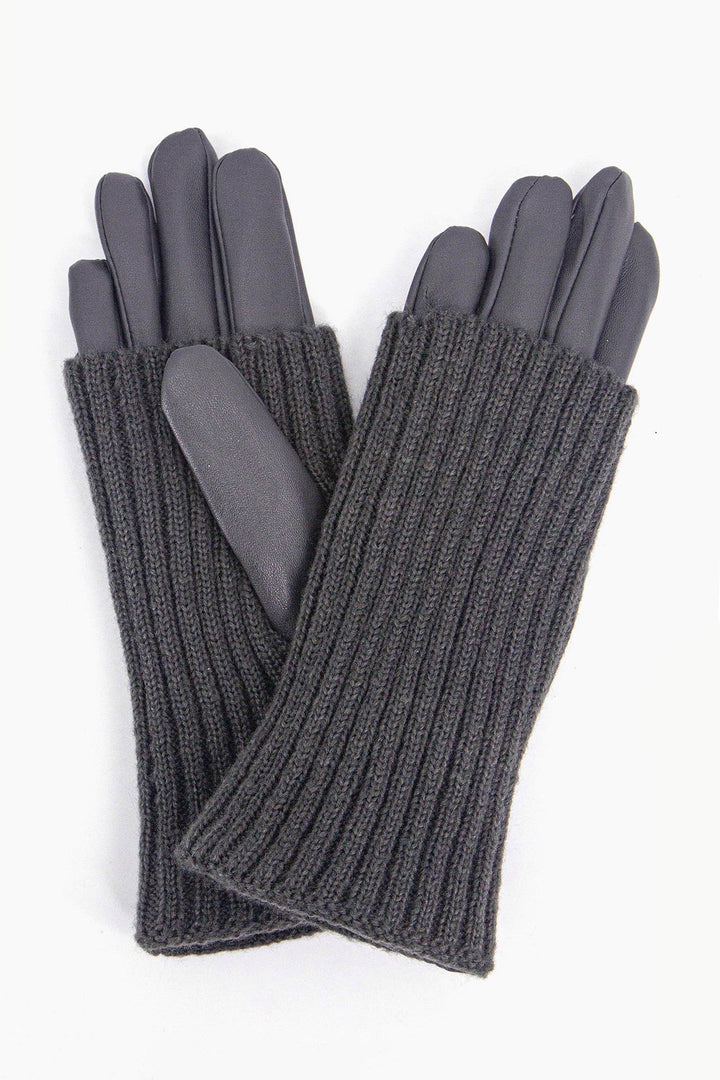 Grey Knitted Overlay Faux Leather Gloves