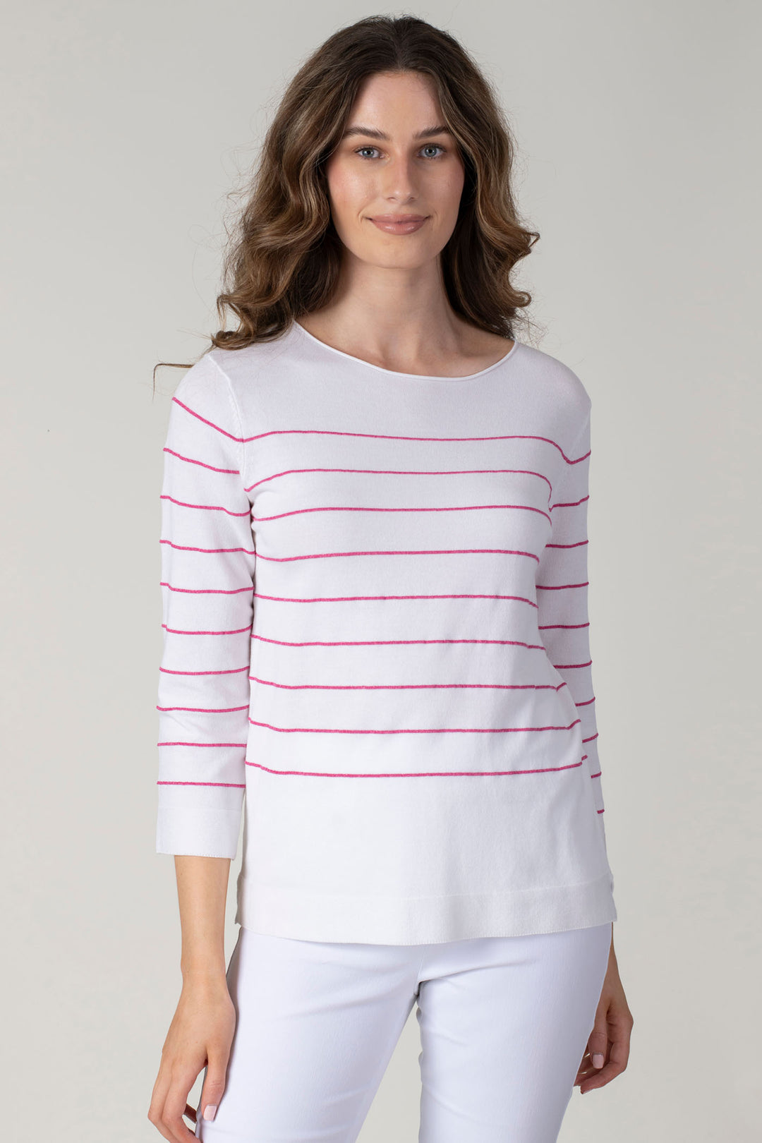 Jessica Graaf 27164 White Fuchsia Pink Stripe Long Sleeve Jumper - Experience Boutique