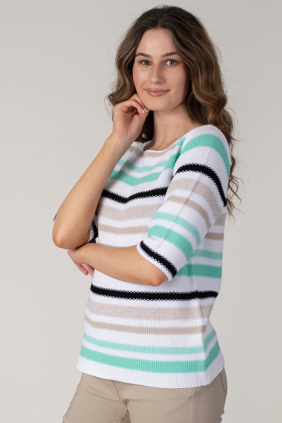 Jessica Graaf 27340 Green Stripe Short Sleeve Wide Neck Jumper - Experience Boutique