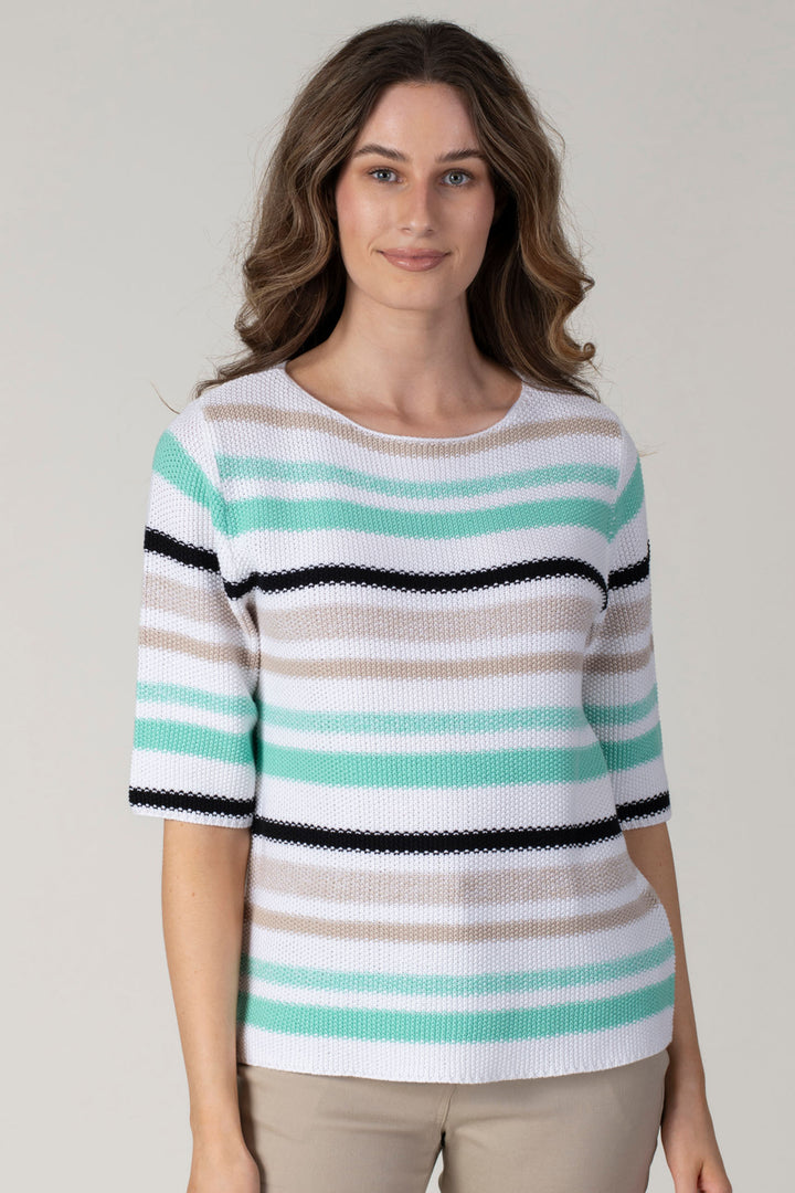 Jessica Graaf 27340 Green Stripe Short Sleeve Wide Neck Jumper - Experience Boutique