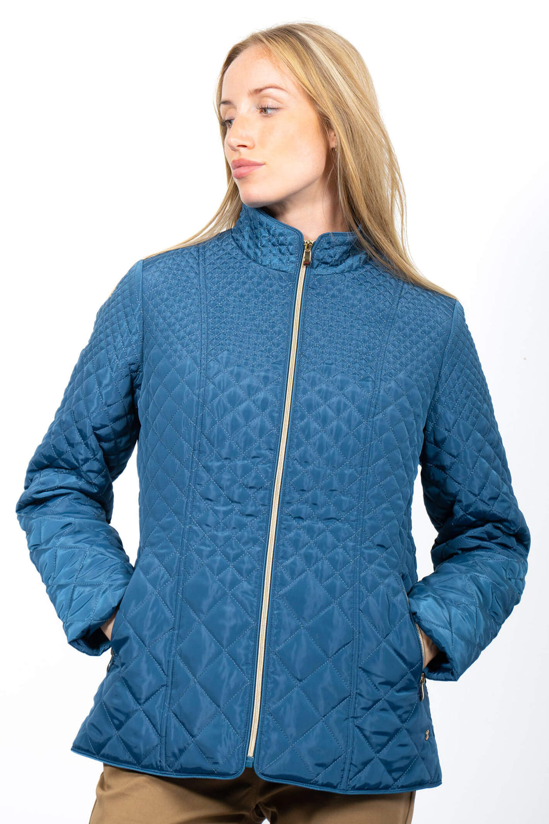 Jessica Graff 26051 Teal Diamond Quilted Short Coat - Experience Boutique