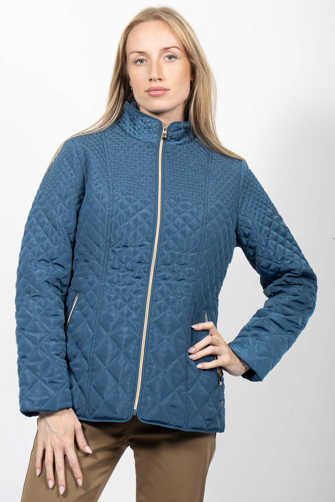 Jessica Graff 26051 Teal Diamond Quilted Short Coat - Experience Boutique