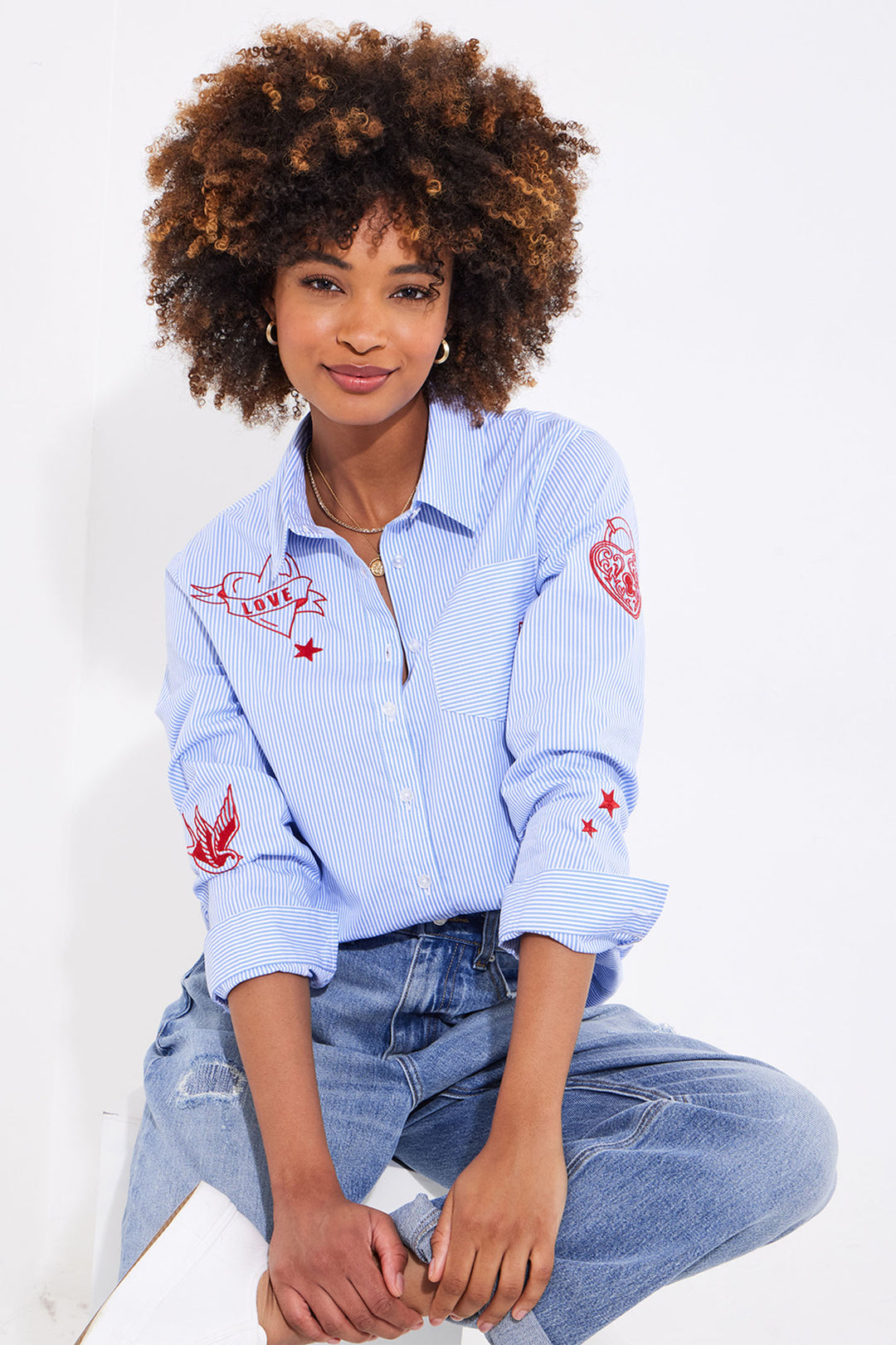 Joe Browns Marcie Embroidered Blue Stripe Shirt WA395 - Experience Boutique