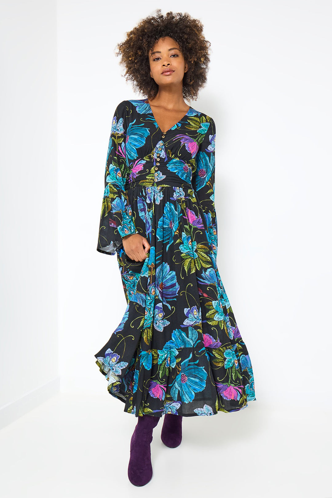 Joe Browns WF304A Black Iris Florals Boho Maxi Dress