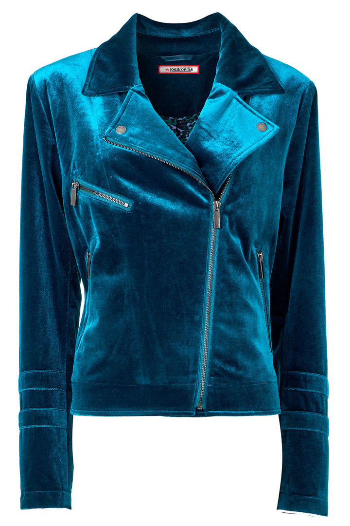 Blue velvet jacket with a brand label on a white background