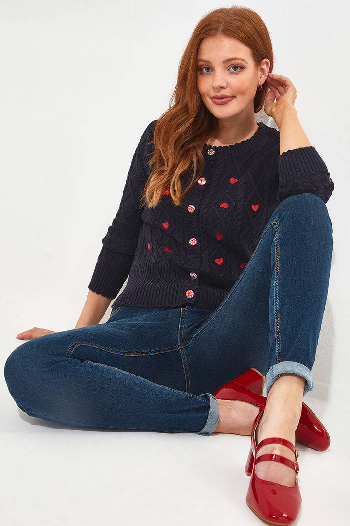 Joe Browns WK719A All Heart Navy Embroidered Cardigan - Experience Boutique