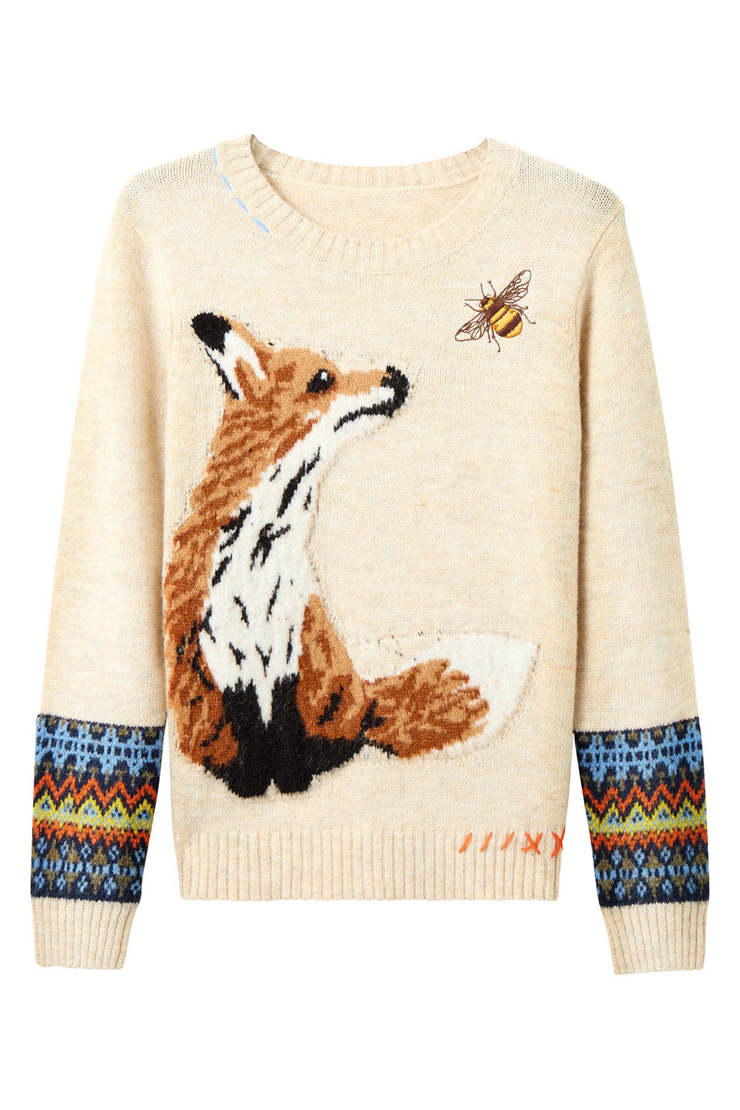 Cream-colored sweater with fox and bee design on a white background