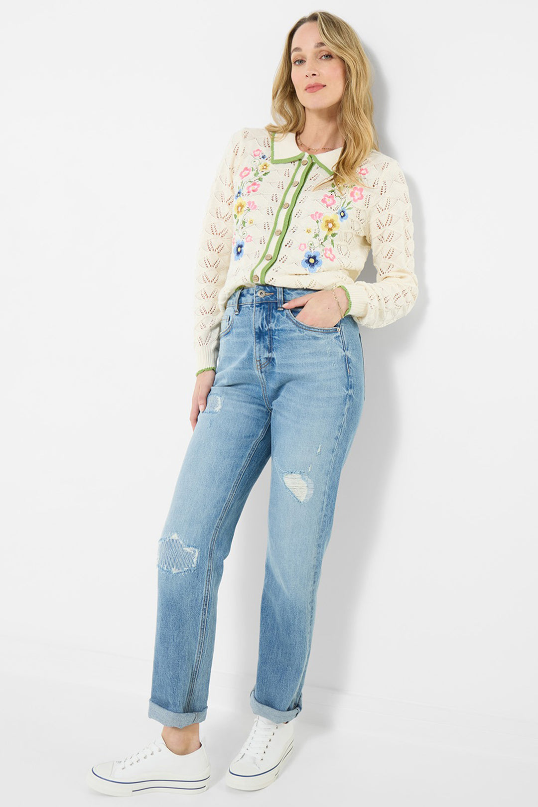 Joe Browns WN007A Cream Suzie Floral Embroidered Collared Pointelle Cardigan