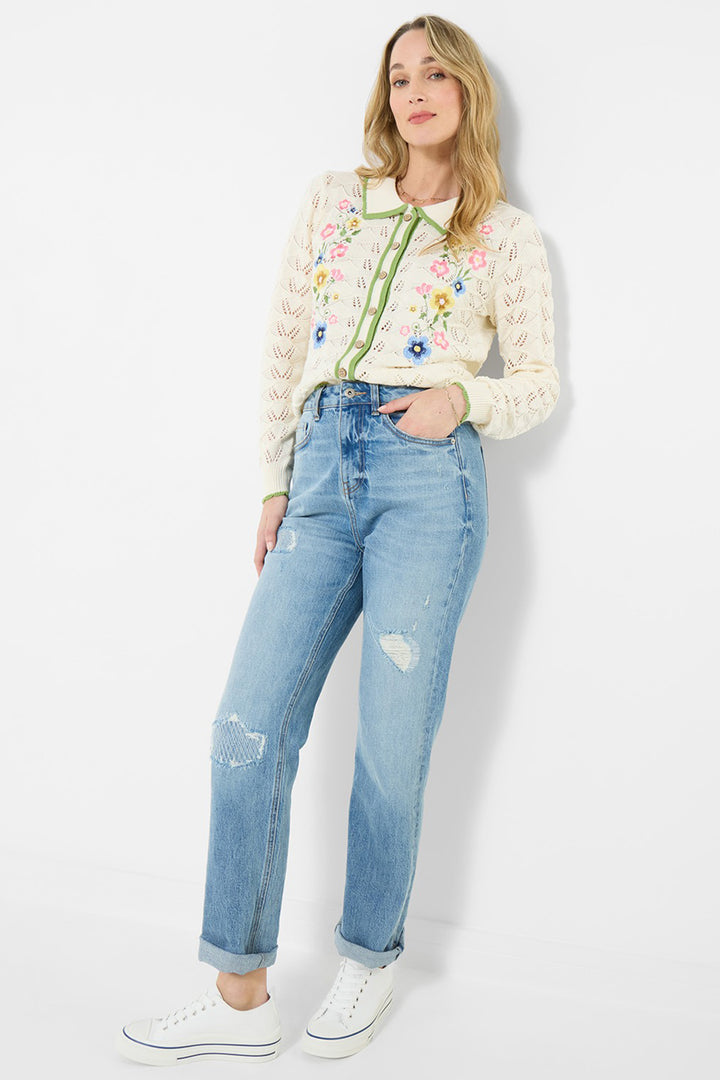 Joe Browns WN007A Cream Suzie Floral Embroidered Collared Pointelle Cardigan