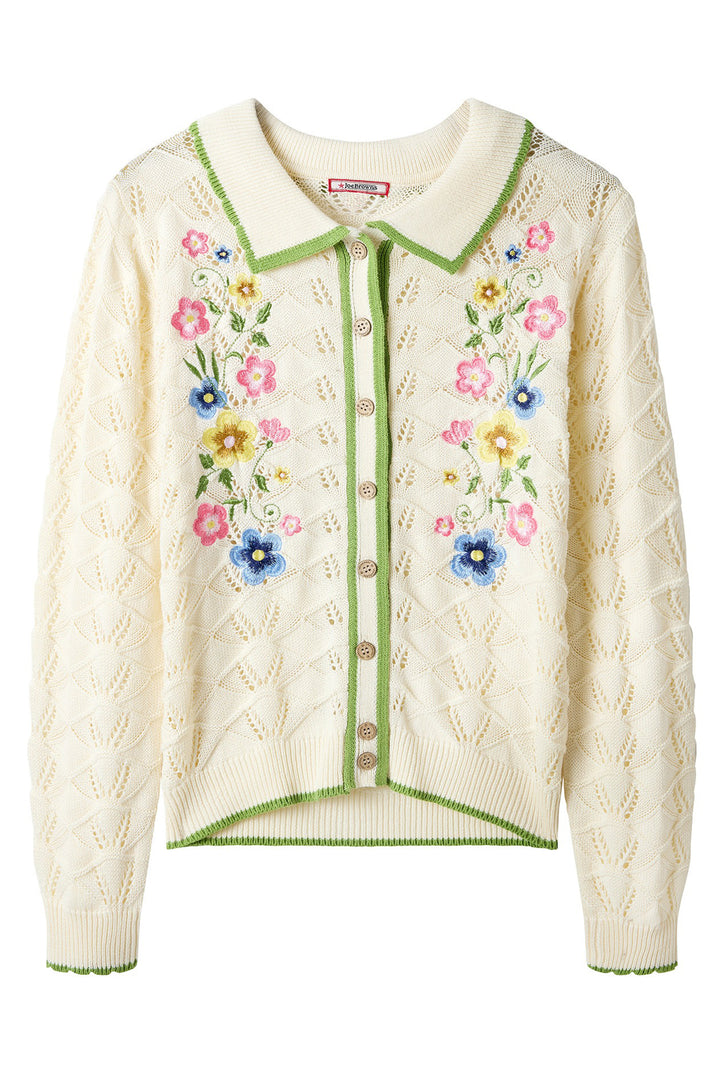 Joe Browns WN007A Cream Suzie Floral Embroidered Collared Pointelle Cardigan