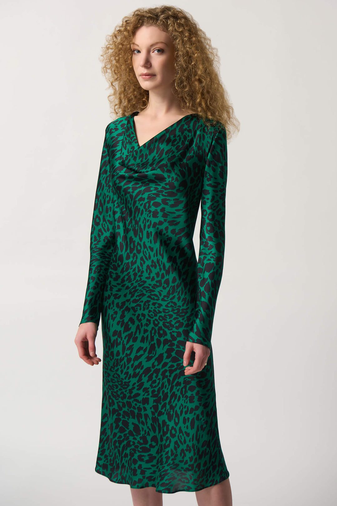 Joseph Ribkoff 233115 Emerald Green Leopard Print Satin Dress - Experience Boutique