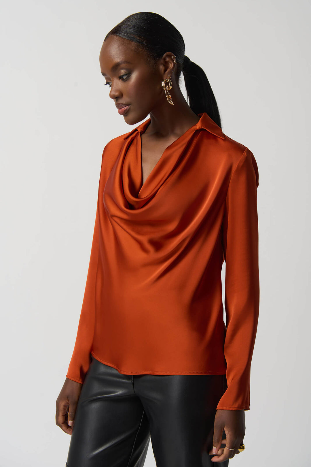 Joseph Ribkoff 233136 Tandoori Orange Cowl Neck Satin Top – Experience