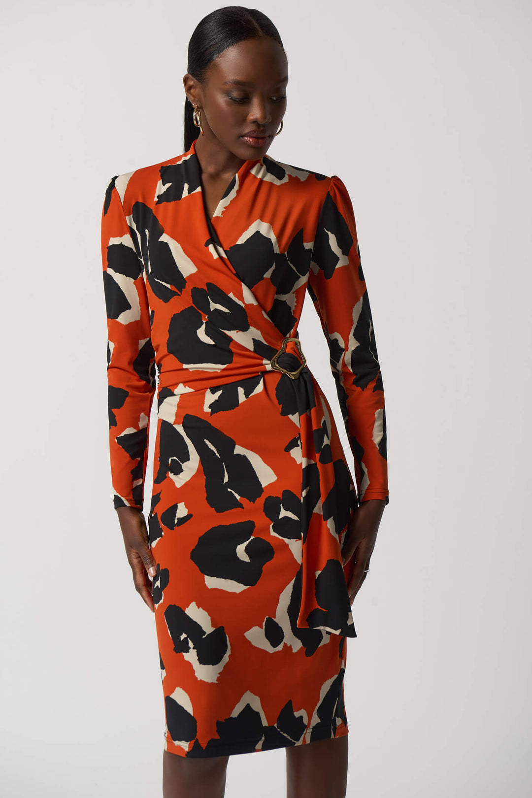 Joseph Ribkoff 233176 Tandoori Orange Print Wrap Style Dress - Experience Boutique