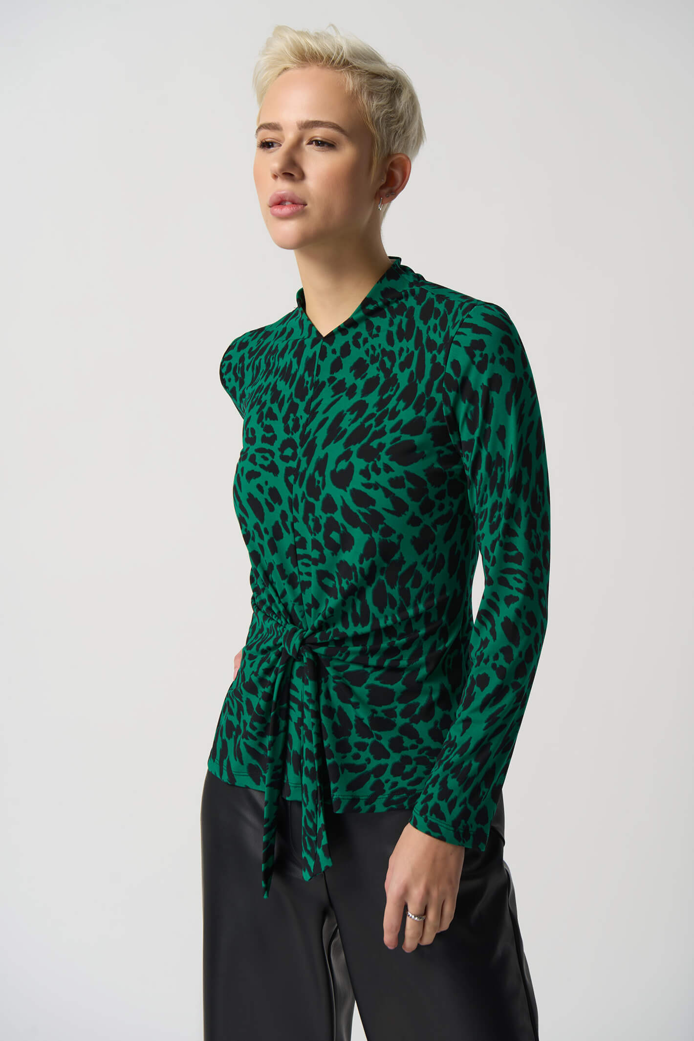 Joseph Ribkoff 233256 Emerald Green Leopard Print Tie Front Top ...