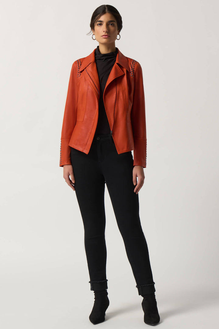 Joseph Ribkoff 233926 Tandoori Orange Faux Leather Studded Jacket - Experience Boutique
