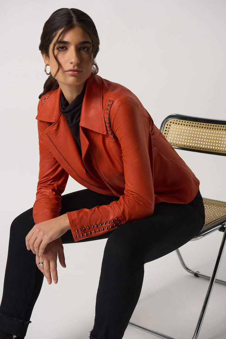 Joseph Ribkoff 233926 Tandoori Orange Faux Leather Studded Jacket - Experience Boutique