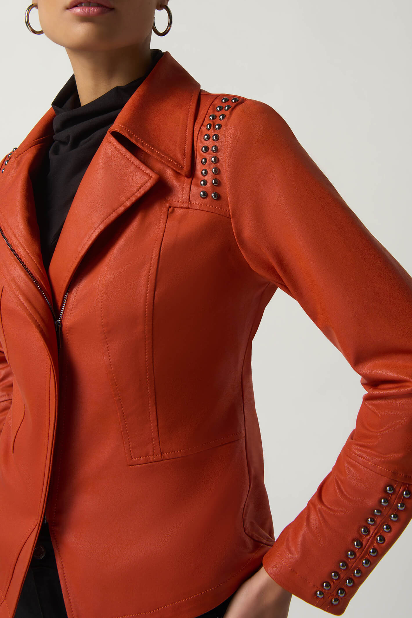 Joseph Ribkoff 233926 Tandoori Orange Faux Leather Studded Jacket