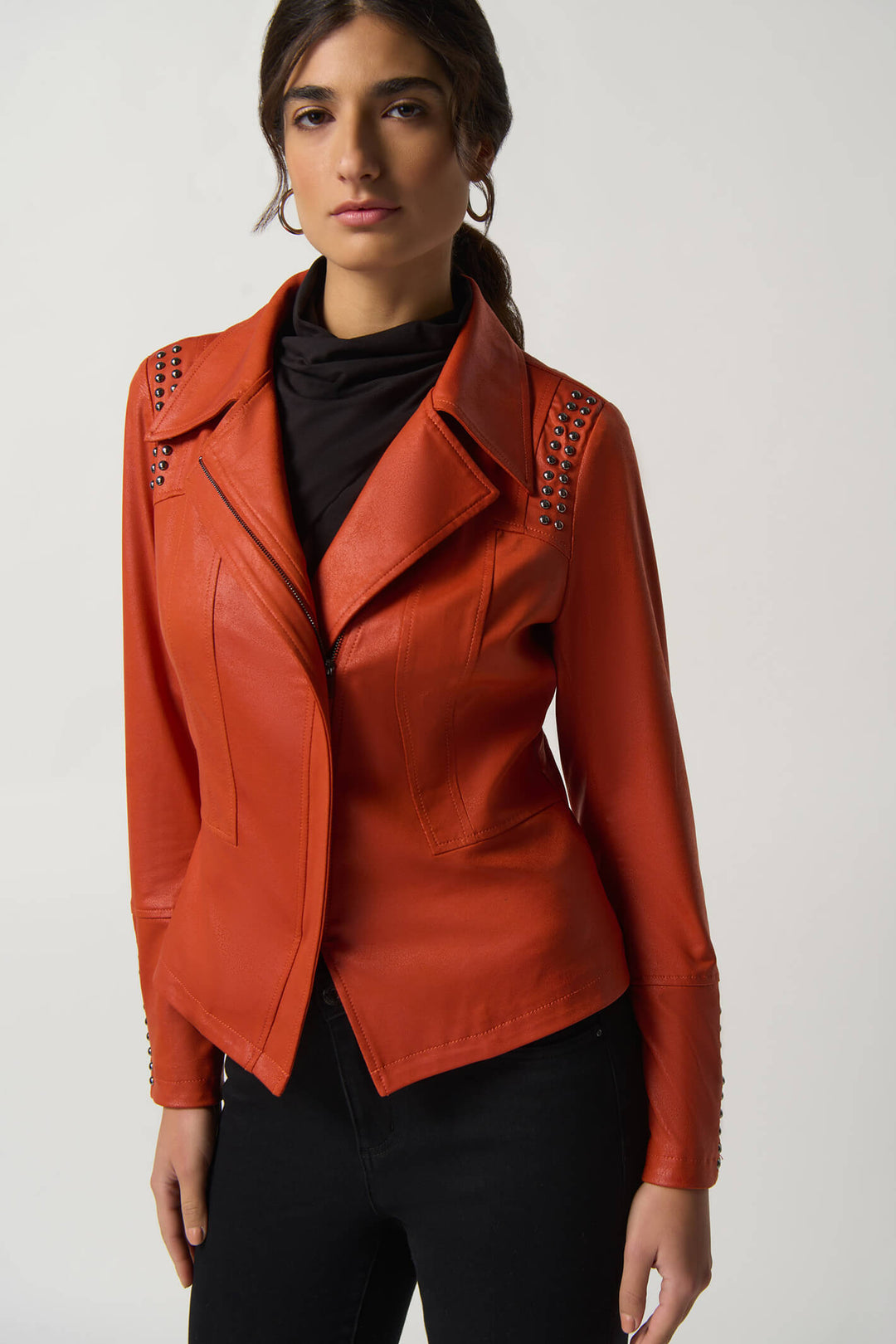 Joseph Ribkoff 233926 Tandoori Orange Faux Leather Studded Jacket - Experience Boutique