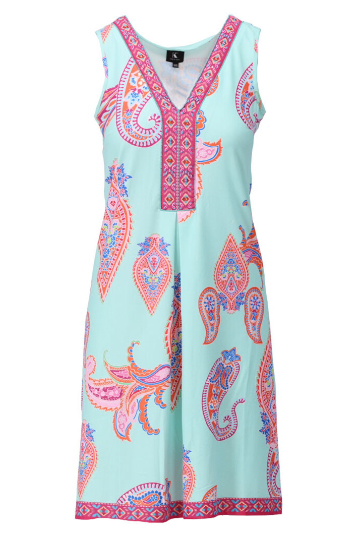 K-Design Dress Paisley Print Sleeveless V-Neck Blue Pink A405 P967 - Experience Boutique