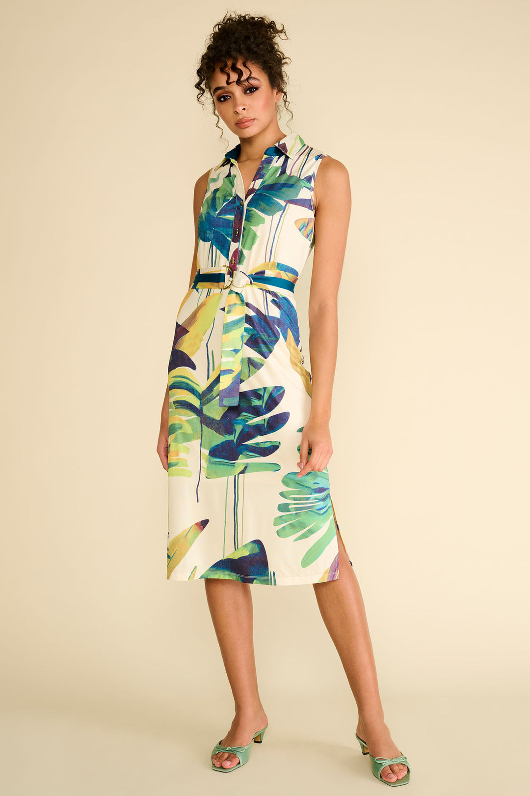 K-Design Dress Sleeveless Button Front Tropical Print Green A321 P960 - Experience Boutique