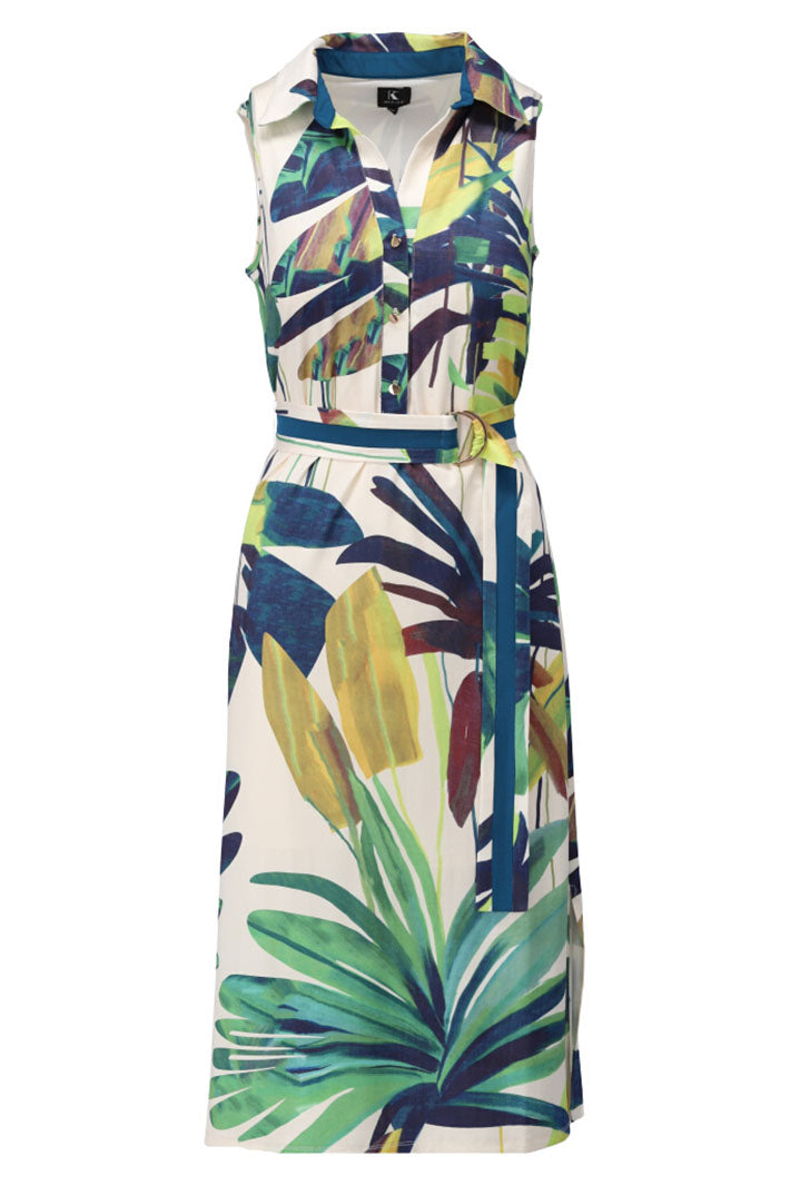 K-Design Dress Sleeveless Button Front Tropical Print Green A321 P960 - Experience Boutique