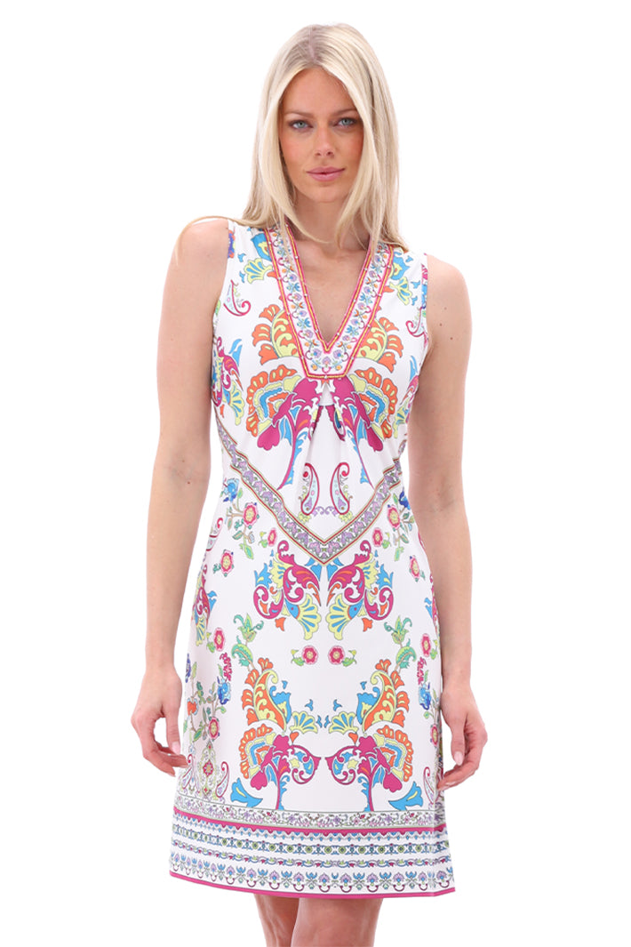 K-Design Dress V-Neck Sleeveless Flower Print White A403 P963 - Experience Boutique