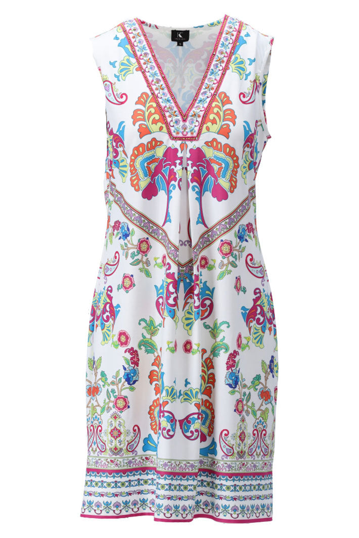 K-Design Dress V-Neck Sleeveless Flower Print White A403 P963 - Experience Boutique
