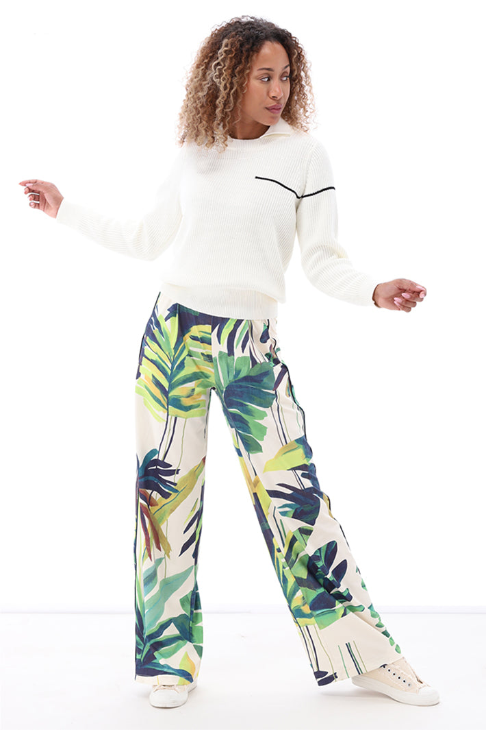 K-Design Trousers Leaf Print Side Trousers Beige Green A322 P960 - Experience Boutique