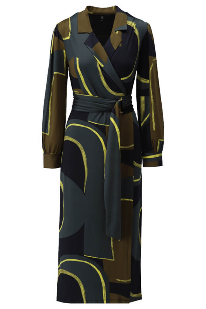 K Design X141 Olive Green Geometric Print Dress With Sleeves - Experience Boutique