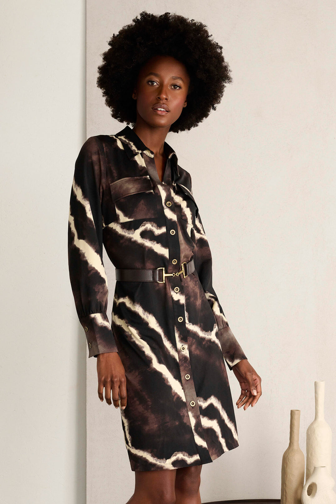 K Design X385 Brown Marble Print Shirt Style Dress - Experience Boutique