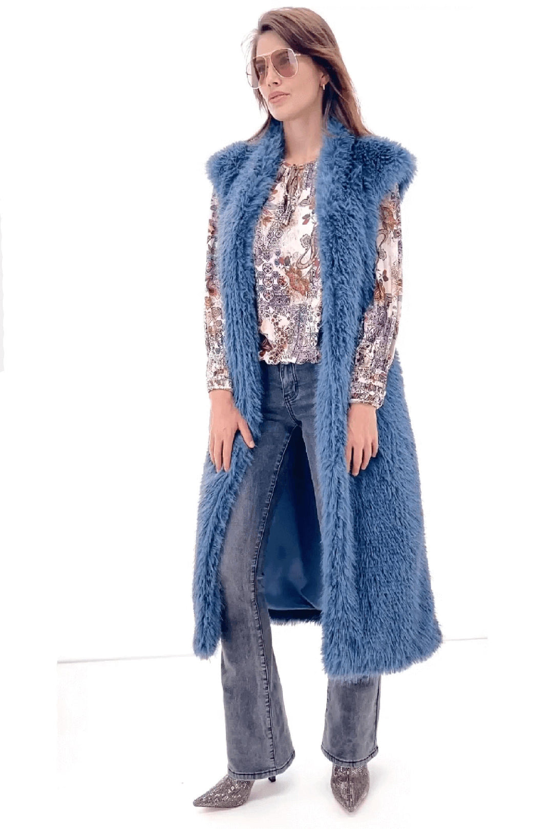 K Design X907 China Blue Faux Fur Longline Gilet - Experience Boutique