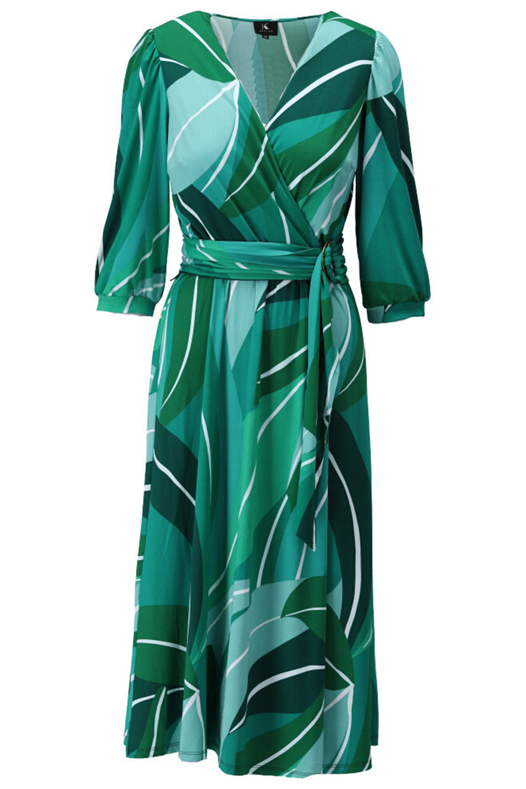 K Design Y309 P742 Green Print Cross Over Dress With Sleeves - Experience Boutique