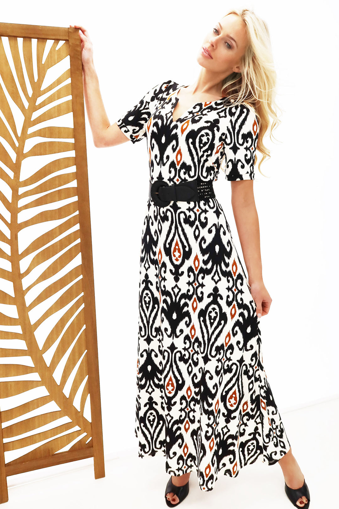 K Design Y339 P765 Black Print Short Sleeve Maxi Dress With Belt - Experience Boutique