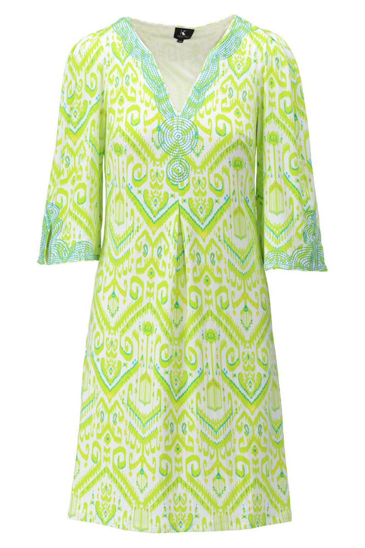 K Design Y366 P731 Lime Green Print Beaded V-Neck Dress - Experience Boutique