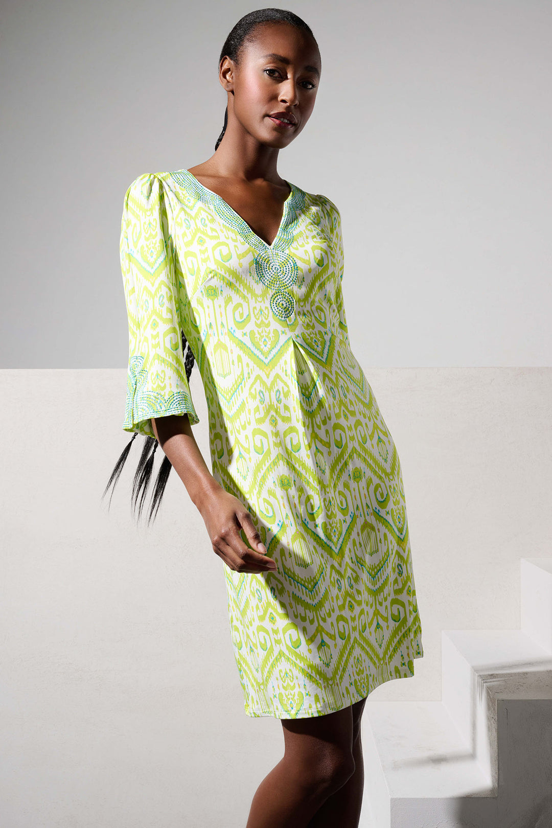 K Design Y366 P731 Lime Green Print Beaded V-Neck Dress - Experience Boutique
