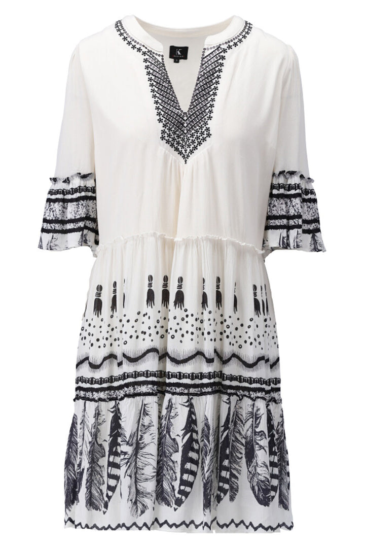 K Design Y711 P784 Off White Print Boho Volant V-Neck Dress - Experience Boutique