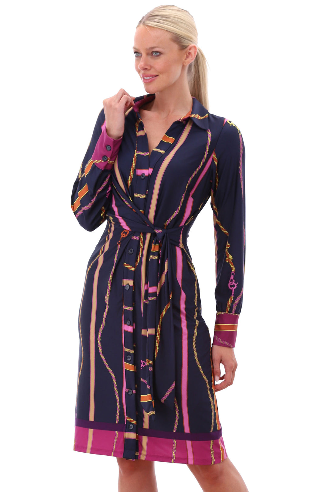 chain shirt dress Night Sky Cotton Modal Chain Print Belted Shirt Dress - Dresses