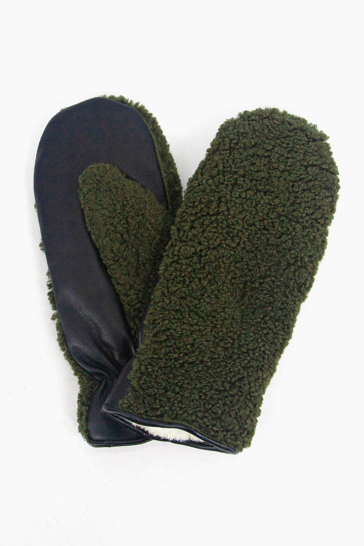 Khaki Faux Shearling Borg Mitten Gloves