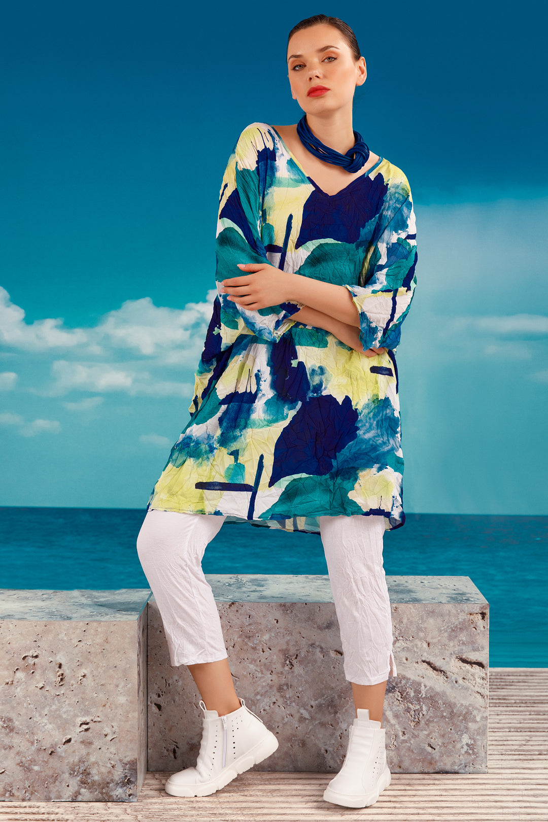 Kozan Dress Nile Albers Blue Lime Print CR-1503 - Experience Boutique