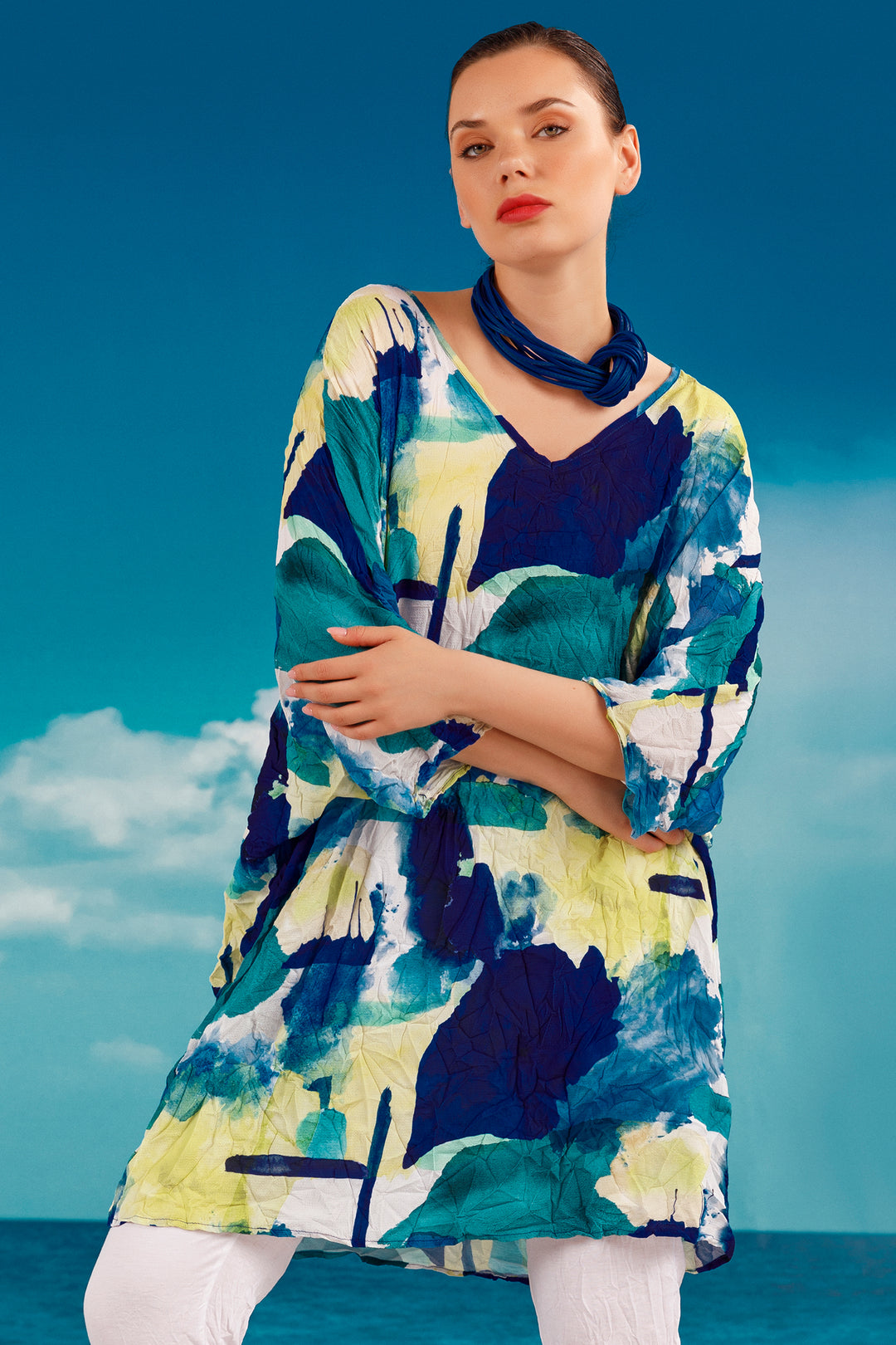 Kozan Dress Nile Albers Blue Lime Print CR-1503 - Experience Boutique