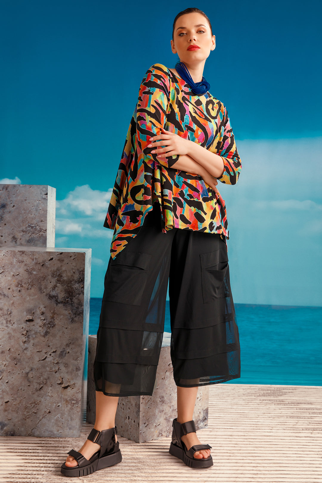 Kozan Cropped Trousers Mello Black Mesh Overlay SH-3763 - Experience Boutique