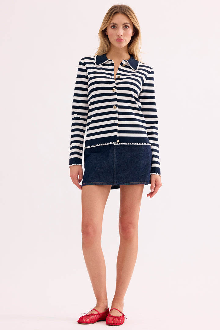 Leo &amp; Ugo AE132 Navy White Stripe Knitted Shirt Cardigan