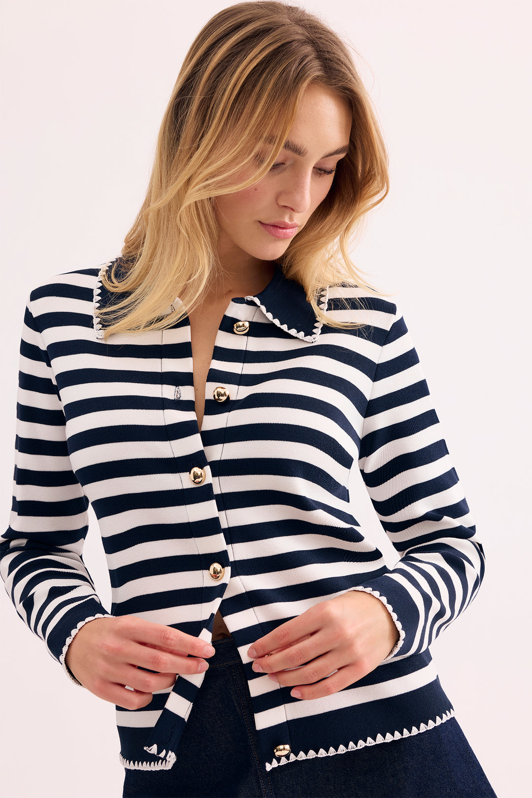 Leo &amp; Ugo AE132 Navy White Stripe Knitted Shirt Cardigan