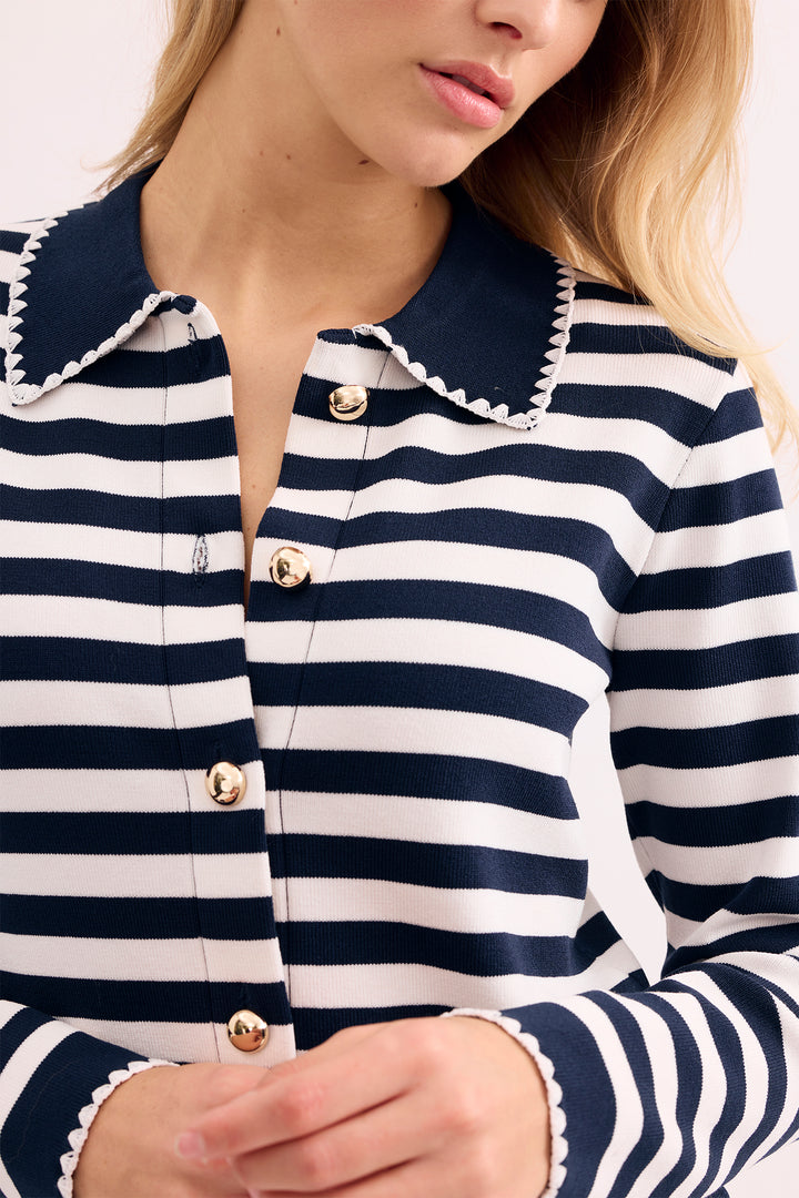 Leo &amp; Ugo AE132 Navy White Stripe Knitted Shirt Cardigan