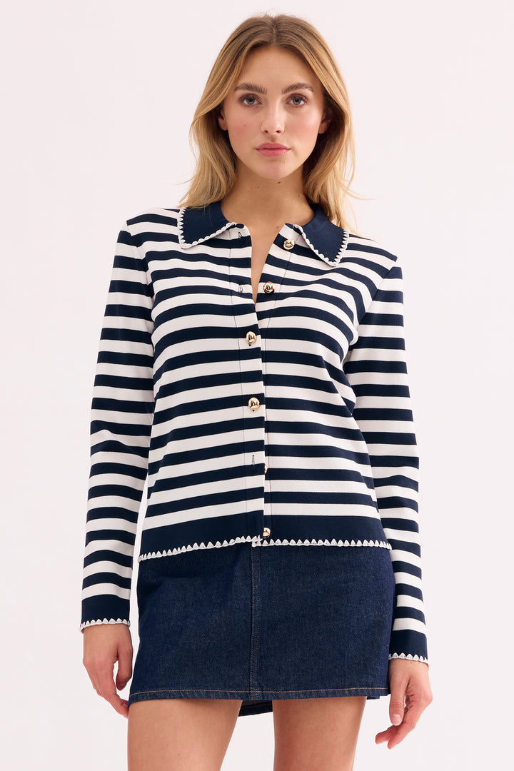 Leo &amp; Ugo AE132 Navy White Stripe Knitted Shirt Cardigan