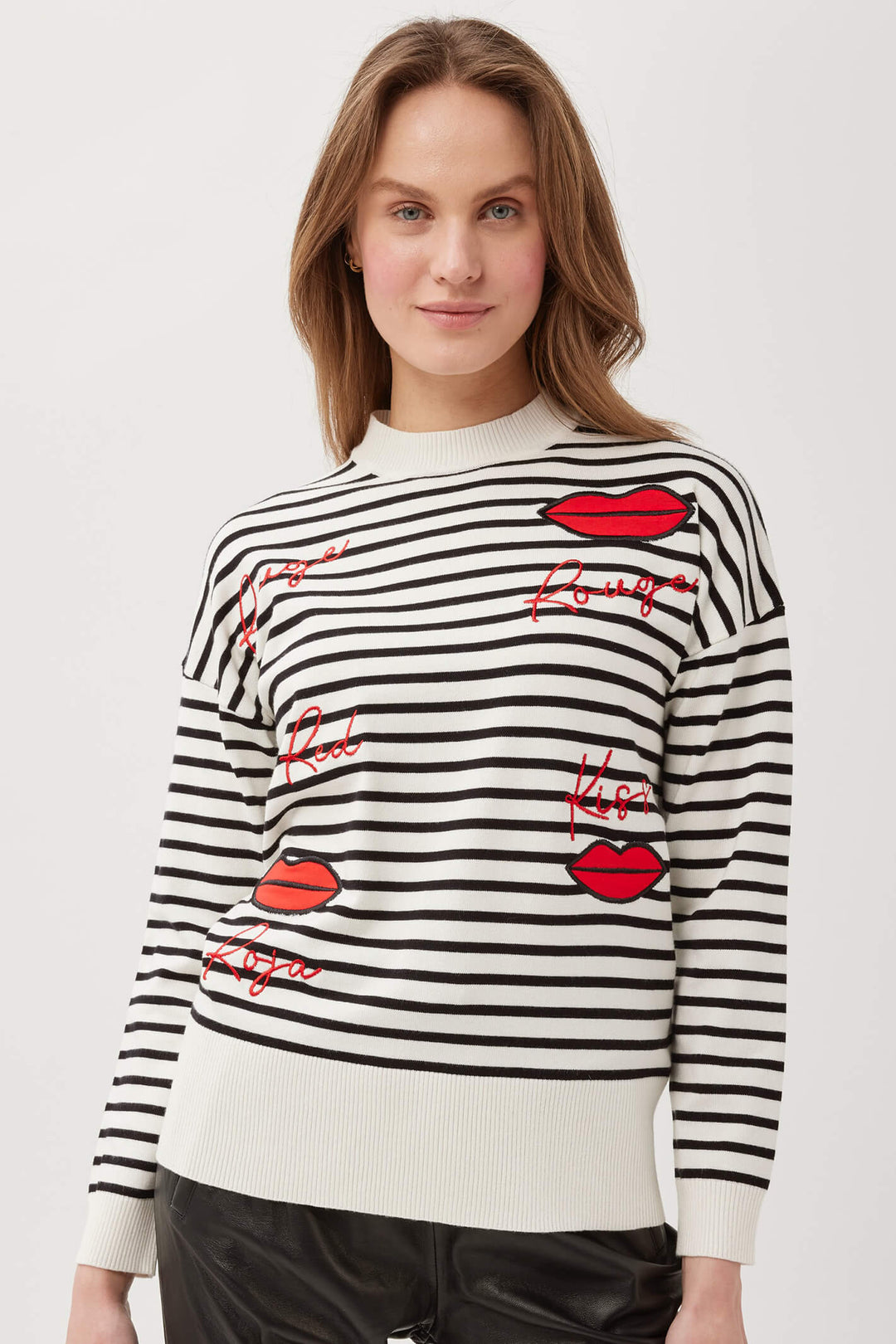 Leo & Ugo AW324 Off White Stripe Red Kisses Jumper - Experience Boutique
