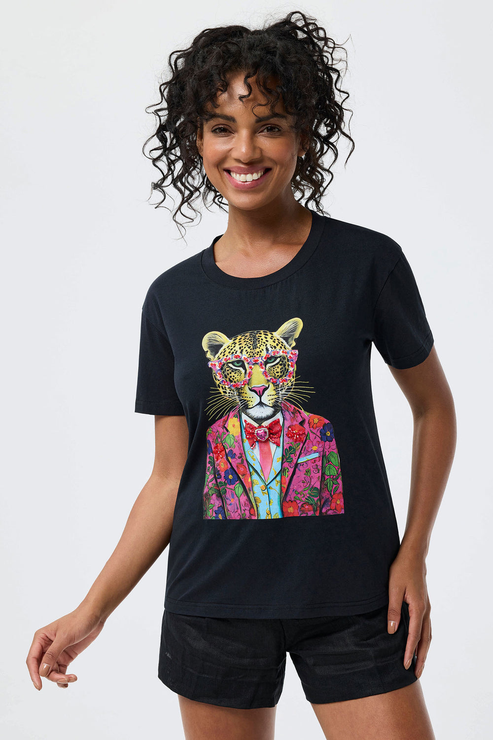 Leo & Ugo Black Cool Rhinestone Leopard T-Shirt TEK886 - Experience Boutique - Experience Boutique