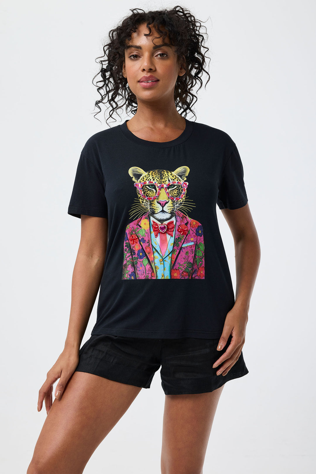 Leo & Ugo Black Cool Rhinestone Leopard T-Shirt TEK886 - Experience Boutique - Experience Boutique