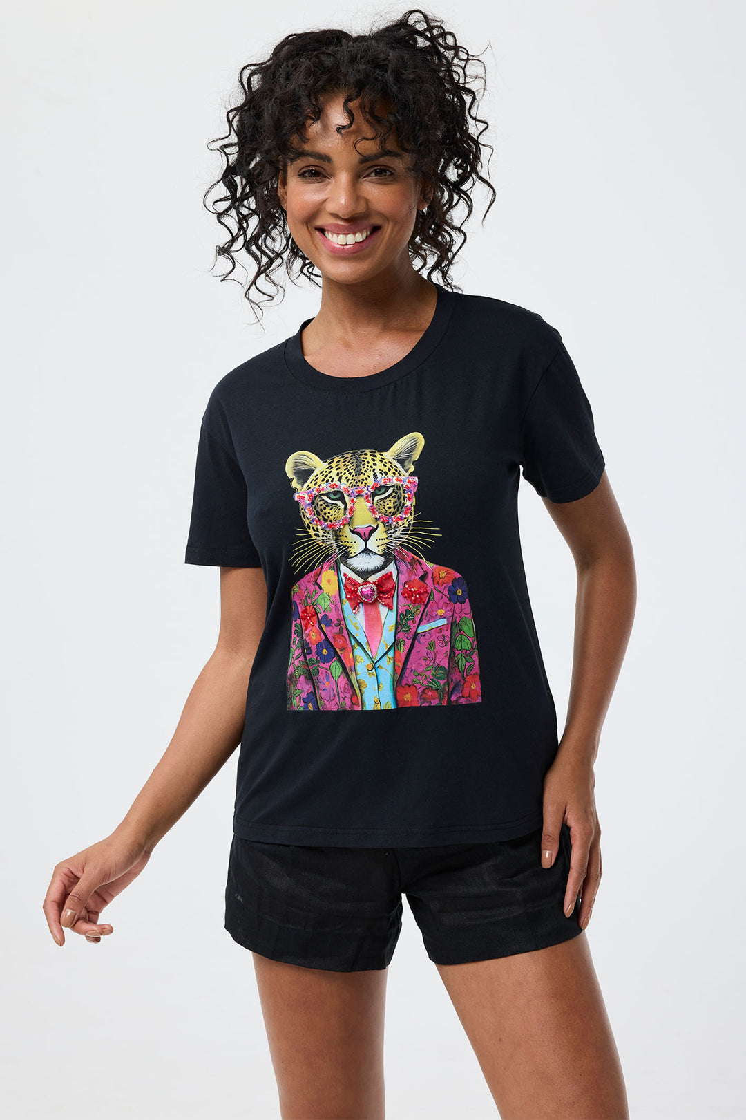 Leo & Ugo Black Cool Rhinestone Leopard T-Shirt TEK886 - Experience Boutique - Experience Boutique
