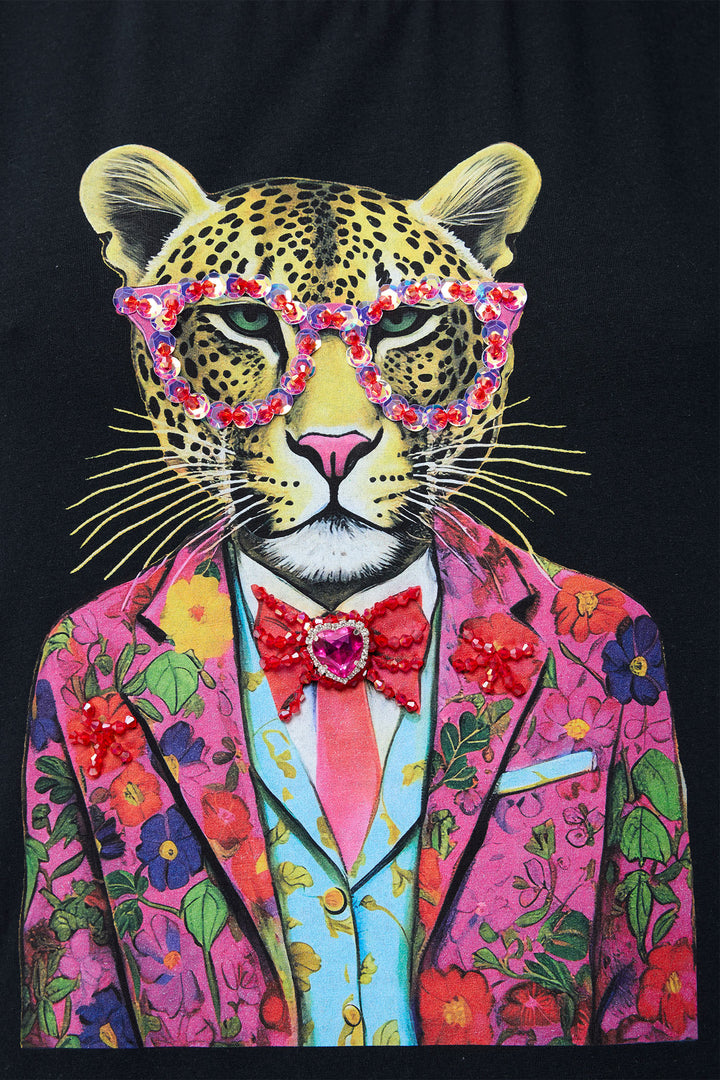 Leo & Ugo Black Cool Rhinestone Leopard T-Shirt TEK886 - Experience Boutique - Experience Boutique